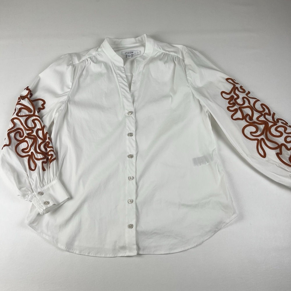 Chicos White Cotton Blend Soutache Embroidered Sleeve Button Down Shirt Size 1 8